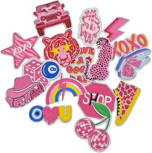 Preppy Iron on Patches: 16Pcs Pink Embroidery Iron On Patches, Sew on Embroidered Applique Pathes for Backpacks Hats Jackets Clothing Girl DIY in Saudi Arabia