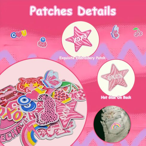 Preppy Iron on Patches: 16Pcs Pink Embroidery Iron On Patches, Sew on Embroidered Applique Pathes for Backpacks Hats Jackets Clothing Girl DIY in Saudi Arabia