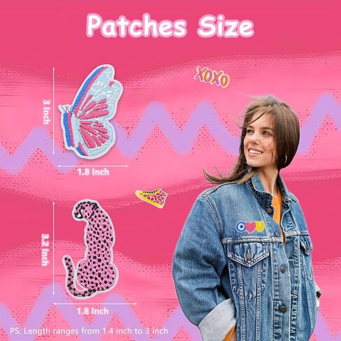 Preppy Iron on Patches: 16Pcs Pink Embroidery Iron On Patches, Sew on Embroidered Applique Pathes for Backpacks Hats Jackets Clothing Girl DIY in Saudi Arabia