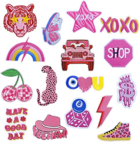 Preppy Iron on Patches: 16Pcs Pink Embroidery Iron On Patches, Sew on Embroidered Applique Pathes for Backpacks Hats Jackets Clothing Girl DIY in Saudi Arabia
