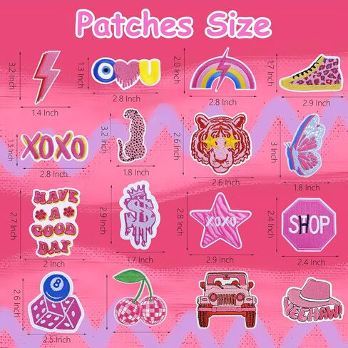 Preppy Iron on Patches: 16Pcs Pink Embroidery Iron On Patches, Sew on Embroidered Applique Pathes for Backpacks Hats Jackets Clothing Girl DIY in Saudi Arabia