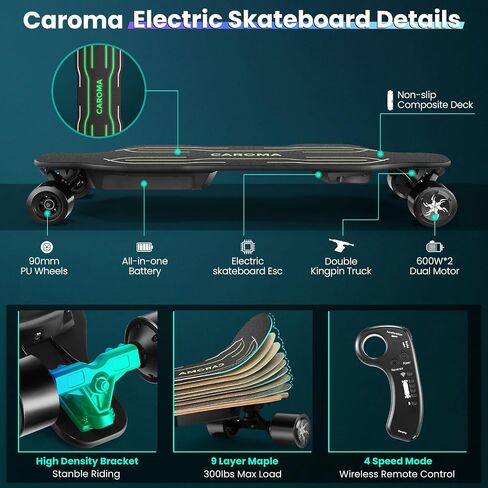 Caroma Electric Skateboards Glow in The Dark, 1200W Powerful Motor, 28MPH Top Speed, 4/6AH Battery, 16/28Miles Max Range, 4 Speed Mode Remote Control, Electric Longboard for Adults&Teens in Saudi Arabia
