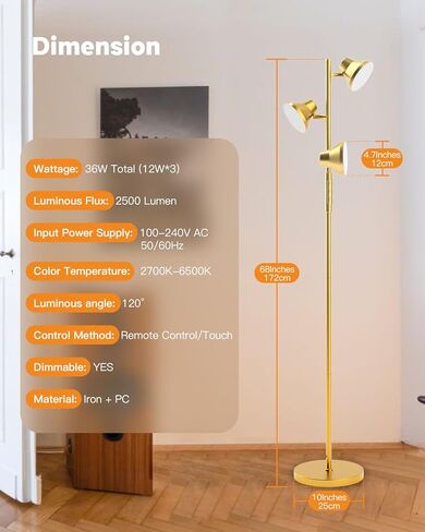 مصباح أرضية ذهبية ، 36 واط مصباح أرضي حديث مع التحكم عن بعد واللمس ، 4 درجات حرارة ملونة ، 3 أضواء قابلة للدوران ، مصابيح أرضية لغرفة المعيشة إضاءة ساطعة ، غرفة نوم ، مكتب in Kuwait