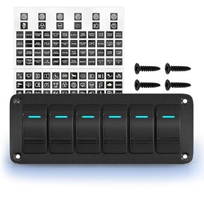 Joinfworld 6 Gang Rocker Switch Panel 12V Marine Boat Switch Panel Waterproof 12 Volt Blue LED Light Toggle Switch Panel ON Off with Pre-Wired for Boat Automotive Car Truck RV UTV