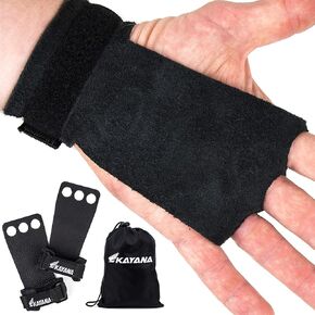 3 Hole Leather Gymnastics Hand Grips - Palm Protection and Wrist Support for Cross Training, Kettlebells, Pull ups, Weightlifting, Chin ups, Workout, & Exercise (Youth Black, Medium)