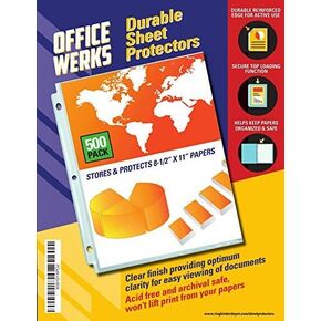 OfficeWerks 500 Sheet Protectors, 8.5X11 Inch Clear Page for 3 Ring Binder, 35 Micron Plastic Sheet Sleeves, Durable Top Loading Paper Protector with Reinforced Holes Archival Safe