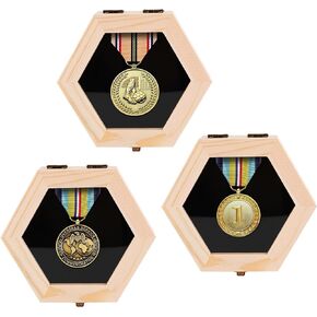 BiJun Wooden Hexagon Medal Hanger Display Case, Medal Holder Wall Mount Shadow Box for Medals Race Medal Display of Sports Medals Track & Field Military Spartan Races Running Marathons.(6pc)