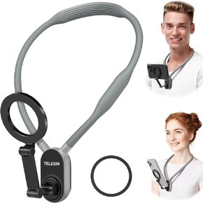 Keweis Magnetic Neck Phone Holder Cell Phone Mount, Hand Free POV/Vlog Flexible Phone Neck Holder Around Chest Stand Video Recording Fit for iPhone 15 14 13 12 Pro Max Plus Mini (Grey)