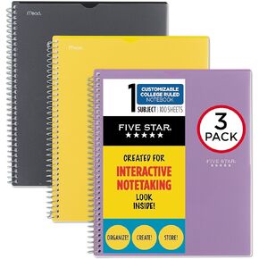 Five Star Interactive Notetaking Spiral Notebooks, 3 Pack, 1 Subject, College Ruled Paper, 11" x 8-1/2", 100 Sheets, Customizable Cover, Red, Cobalt Blue, Yellow (820042)