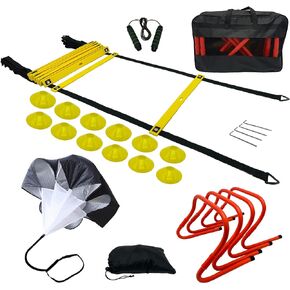 Agility Ladder Soccer Training Equipment, Football Speed Training, 20ft Agility Ladder with 12 Rungs, 4 Speed Hurdles, 12 Training Cones, Resistance Parachute, Jump Rope with Carry Bag in Kuwait