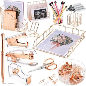 13 Pcs Desk Accessories Kit Organizer Office Supplies Set Acrylic Stapler Staple Remover Tape Holder Pen Cup Magazine File Letter Sorter Note Clip Holder Phone Holder Ballpoint Pen Scissor (Rose Gold)