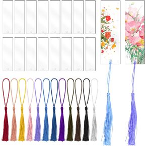 Blank Bookmarks Bulk, 45 Pack Clear Acrylic Craft Bookmarks with 45 Pieces Colorful Tassel, Rectangle Shape DIY Bookmark Ornaments for DIY Projects and Present Tags, 2 x 5.5 Inch