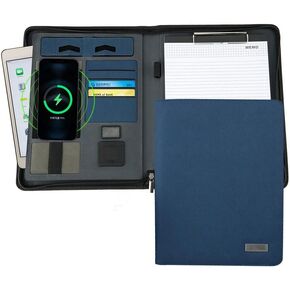Upgrade Padfolio Folder, A4 Multi-Function Wireless/Wired Charging Folder Combination, with 8000mah Mobile Power Professional Organizer Portfolio Clipboard Notebook Bag for Women & Men (Dark Gray)