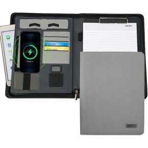 Upgrade Padfolio Folder, A4 Multi-Function Wireless/Wired Charging Folder Combination, with 8000mah Mobile Power Professional Organizer Portfolio Clipboard Notebook Bag for Women & Men (Dark Gray)