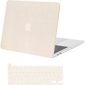MOSISO Compatible with MacBook Pro 13 inch Case M2 2024-2016 A2338 M1 A2251 A2289 A2159 A1989 A1708 A1706, Anti-Fingerprint Square Grid PU Leather Coated Plastic Hard Shell Case & Keyboard Cover,Beige