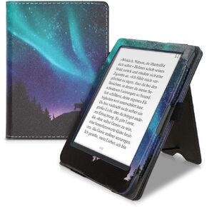 kwmobile Case Compatible with Kobo Clara HD - Case PU Leather Cover with Magnet Closure, Stand, Strap, Card Slot - Aurora Turquoise/Blue/Black