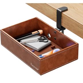 PU leather under desk drawer, 360° rotating clamp on desk organizer, for desk, computer desk stationery, remote control, mobile phone and pencil storage (black)