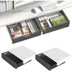 OSPNIEEK Self-adhesive Under Desk Drawer Organizer, 2 Pack Table Hidden Slide Out Large Storage Mounted Desktop Pencil Holder Tray Drawers for Office Home School Stationery Kitchen (Large, Black)