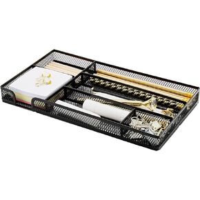 Annova Desk Drawer Organizer Tray for Office Organization - Metal Mesh - Storage Tray with Dividers for Pens, Desktop Accessories, Bathroom, Kitchen, Makeup and Office Supplies (Small, Gold)