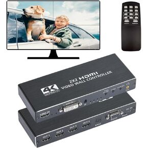 Video Wall Controller, 4K 2X2 TV Wall Processor with HDMI+DVI+RS232 Input, Support 180° Rotate, 4 HDMI Output Support Images Stitching 1x2 1x3 1x4 4x1 etc