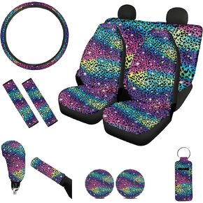12 Pack Rainbow Glitter Leopard Print Car Seat Covers Full Set with Steering Wheel Cover and Seat Belt Pad,Handbrake Cover Gear Shift Knob Cover,Car Coaster,Keychain,Auto Interior Decoration
