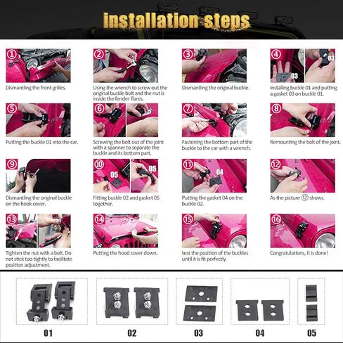 مزالج غطاء محرك السيارة AUDEXEN، مجموعة قفل غطاء المحرك، من الفولاذ المقاوم للصدأ الأسود المتوافق مع جيب رانجلر JK JKU 2007-2018 in Kuwait