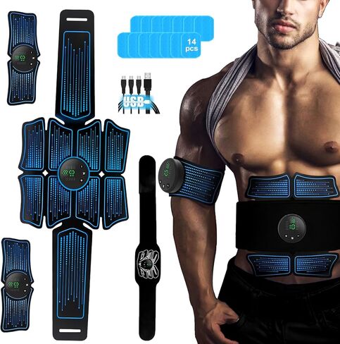 محفز عضلات البطن وتقوية العضلات - محفز عضلات ABS والذراعين، جهاز تدريب اللياقة البدنية المحمول MHD TENS الكل في واحد للرجال والنساء باللون الأسود in Kuwait