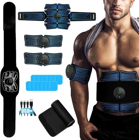 محفز عضلات البطن وتقوية العضلات - محفز عضلات ABS والذراعين، جهاز تدريب اللياقة البدنية المحمول MHD TENS الكل في واحد للرجال والنساء باللون الأسود in Kuwait