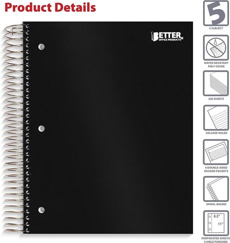 دفتر ملاحظات حلزوني من Better Office Products مكون من 5 موضوعات، غطاء بولي أسود، قاعدة الكلية، دفتر ملاحظات 200 ورقة مع 4 فواصل جيوب مزدوجة الجوانب، 11 × 8.5 بوصة in Saudi Arabia
