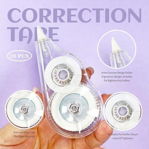 شريط تصحيح أبيض سهل الاستخدام للتصحيح الفوري، شريط مقاوم للتمزق، لوازم المكتب أو المدرسة، تدوين الملاحظات، وضع العلامات، الصياغة (عبوة من 10، 12 م/472 بوصة) in Kuwait