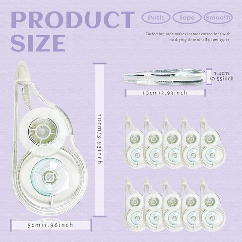 شريط تصحيح أبيض سهل الاستخدام للتصحيح الفوري، شريط مقاوم للتمزق، لوازم المكتب أو المدرسة، تدوين الملاحظات، وضع العلامات، الصياغة (عبوة من 10، 12 م/472 بوصة) in Kuwait