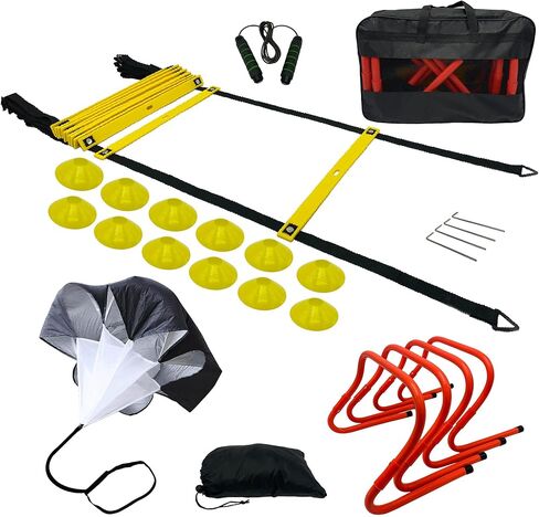 Agility Ladder Soccer Training Equipment, Football Speed Training, 20ft Agility Ladder with 12 Rungs, 4 Speed Hurdles, 12 Training Cones, Resistance Parachute, Jump Rope with Carry Bag in Kuwait