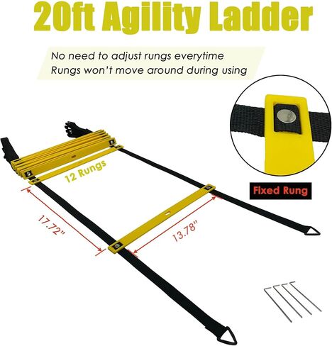 Agility Ladder Soccer Training Equipment, Football Speed Training, 20ft Agility Ladder with 12 Rungs, 4 Speed Hurdles, 12 Training Cones, Resistance Parachute, Jump Rope with Carry Bag in Kuwait