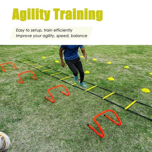 Agility Ladder Soccer Training Equipment, Football Speed Training, 20ft Agility Ladder with 12 Rungs, 4 Speed Hurdles, 12 Training Cones, Resistance Parachute, Jump Rope with Carry Bag in Kuwait