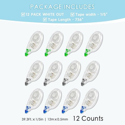 White Out مع أداة تطبيق جانبية وغطاء، 39.3 قدم، 12 حزمة من Whiteout، شريط تصحيح للتصحيحات الفورية (CS-901) in Kuwait