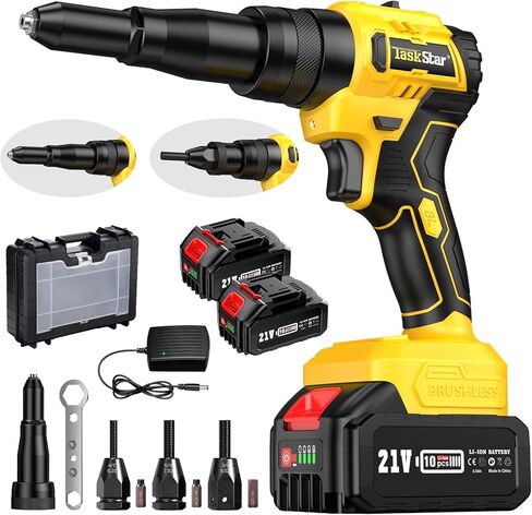 مسدس برشام لاسلكي مع بطاريتين 4.0 أمبير، مجموعة صامولة برشام كهربائية 2 في 1 مع وضع الذاكرة ومحرك بدون فرش، أداة مسدس برشام للمسامير (1/8 بوصة، 5/32 بوصة، 3/16 بوصة) وبرشام المكسرات (1/4"، 5/16"، 3/8") in Kuwait