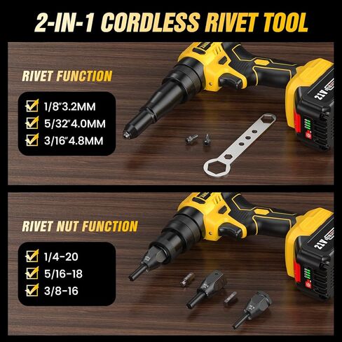 مسدس برشام لاسلكي مع بطاريتين 4.0 أمبير، مجموعة صامولة برشام كهربائية 2 في 1 مع وضع الذاكرة ومحرك بدون فرش، أداة مسدس برشام للمسامير (1/8 بوصة، 5/32 بوصة، 3/16 بوصة) وبرشام المكسرات (1/4"، 5/16"، 3/8") in Kuwait