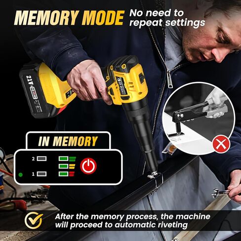 مسدس برشام لاسلكي مع بطاريتين 4.0 أمبير، مجموعة صامولة برشام كهربائية 2 في 1 مع وضع الذاكرة ومحرك بدون فرش، أداة مسدس برشام للمسامير (1/8 بوصة، 5/32 بوصة، 3/16 بوصة) وبرشام المكسرات (1/4"، 5/16"، 3/8") in Kuwait