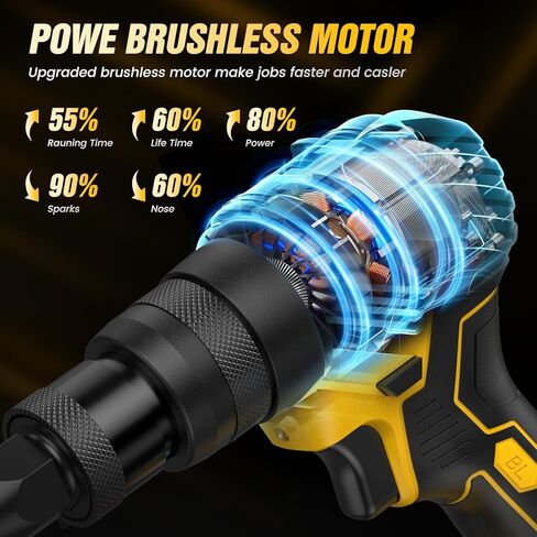 مسدس برشام لاسلكي مع بطاريتين 4.0 أمبير، مجموعة صامولة برشام كهربائية 2 في 1 مع وضع الذاكرة ومحرك بدون فرش، أداة مسدس برشام للمسامير (1/8 بوصة، 5/32 بوصة، 3/16 بوصة) وبرشام المكسرات (1/4"، 5/16"، 3/8") in Kuwait