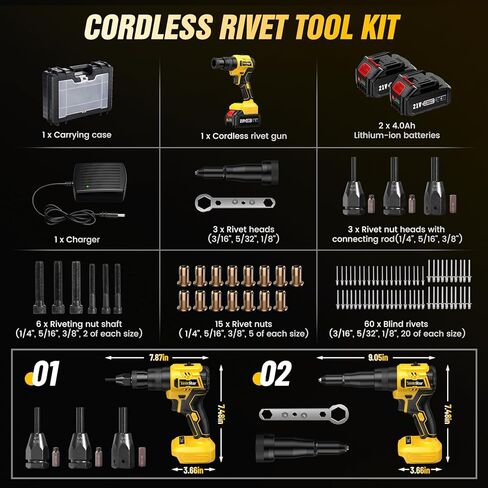 مسدس برشام لاسلكي مع بطاريتين 4.0 أمبير، مجموعة صامولة برشام كهربائية 2 في 1 مع وضع الذاكرة ومحرك بدون فرش، أداة مسدس برشام للمسامير (1/8 بوصة، 5/32 بوصة، 3/16 بوصة) وبرشام المكسرات (1/4"، 5/16"، 3/8") in Kuwait