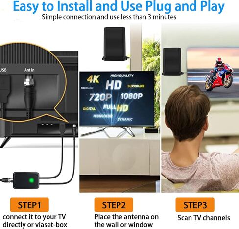 TV Antenna, Antenna TV Digital HD Indoor with 500+ Miles Range, 2024 Upgraded TV Antenna for Smart TV with Amplifier Signal Booster, HD Antenna for TV, Support 8K 4K 1080p All TVs, 32ft Coax Cable in Kuwait