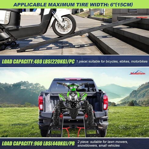 Ruedamann 83" L x 9" W Steel Folding Ramp, 960lbs Capacity Loading Ramp, Heavy Duty Motorcycle Ramp, Portable Truck Ramps for Pickup, ATVs, UTVs, Dirt Bikes, Lawnmowers, Black, Pack of 2 in Kuwait