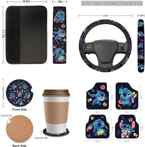 Car Accessories Set Include Cartoon Car Steering Wheel Cover Car Seat Cover Seat Belt Pads Car Floor Mats Car Coasters Keychain for Adults15 Pieces in Kuwait