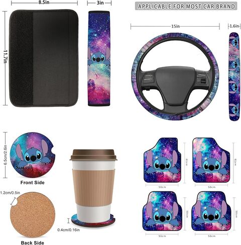 Car Accessories Set Include Cartoon Car Steering Wheel Cover Car Seat Cover Seat Belt Pads Car Floor Mats Car Coasters Keychain for Adults15 Pieces in Saudi Arabia