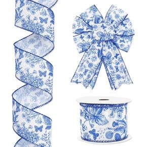 Spring Floral Wired Edge Ribbon Blue and White Flower Craft Ribbon Chinoiserie Fabric Ribbon for Wreath Bow DIY Wrapping Party Decor, 12 Yard