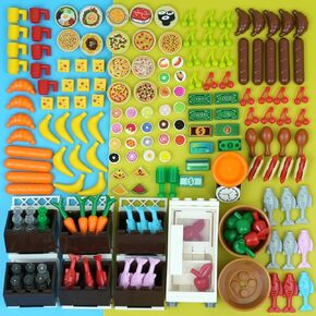 Food City Accessories Building Blocks Sets, Friends Figures Supermarket Kitchen Bricks, Pizza Sushi Refrigerators Food Stand Pieces Parts Comida Hot Dog Cheese Toys