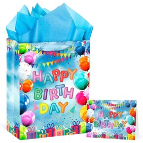 Rumia Dinosaur Birthday Gift Bag for Boys - T-Rex Gift Bags with Tissue Paper, Greeting Card & Green Dino Wrapping Paper - Kids Party Decoration Supplies