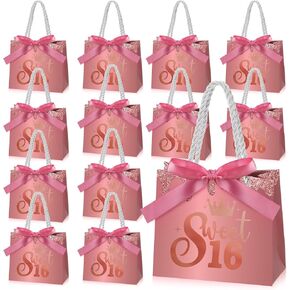 Spakon 25 Pcs Sweet 16 Party Favors for Guests 16 Years Birthday Party Gift Bags with Handles and Ribbons Sweet 16 Candy Bags Birthday Gift Bags Paper Gift Bag for Birthday Decorations