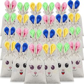 Wowangce 24 Pcs Easter Bunny Bags with Drawstrings Easter Burlap Candy Treat Rabbit Ears Gift Bags Bunny Party Favors Gift Baskets for Kids Eggs Hunting Candy and Gifts Carry Party Supplies