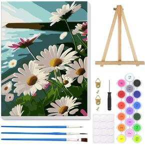 HEIBAGO DIY Paint by Numbers Kit for Adults 12"x16" Framed Canvas&Wooden Easel, Acrylic Paint by Numbers Kits for Adults Beginner, Seaside Daisy Drawing Arts and Crafts for Home Wall Decor